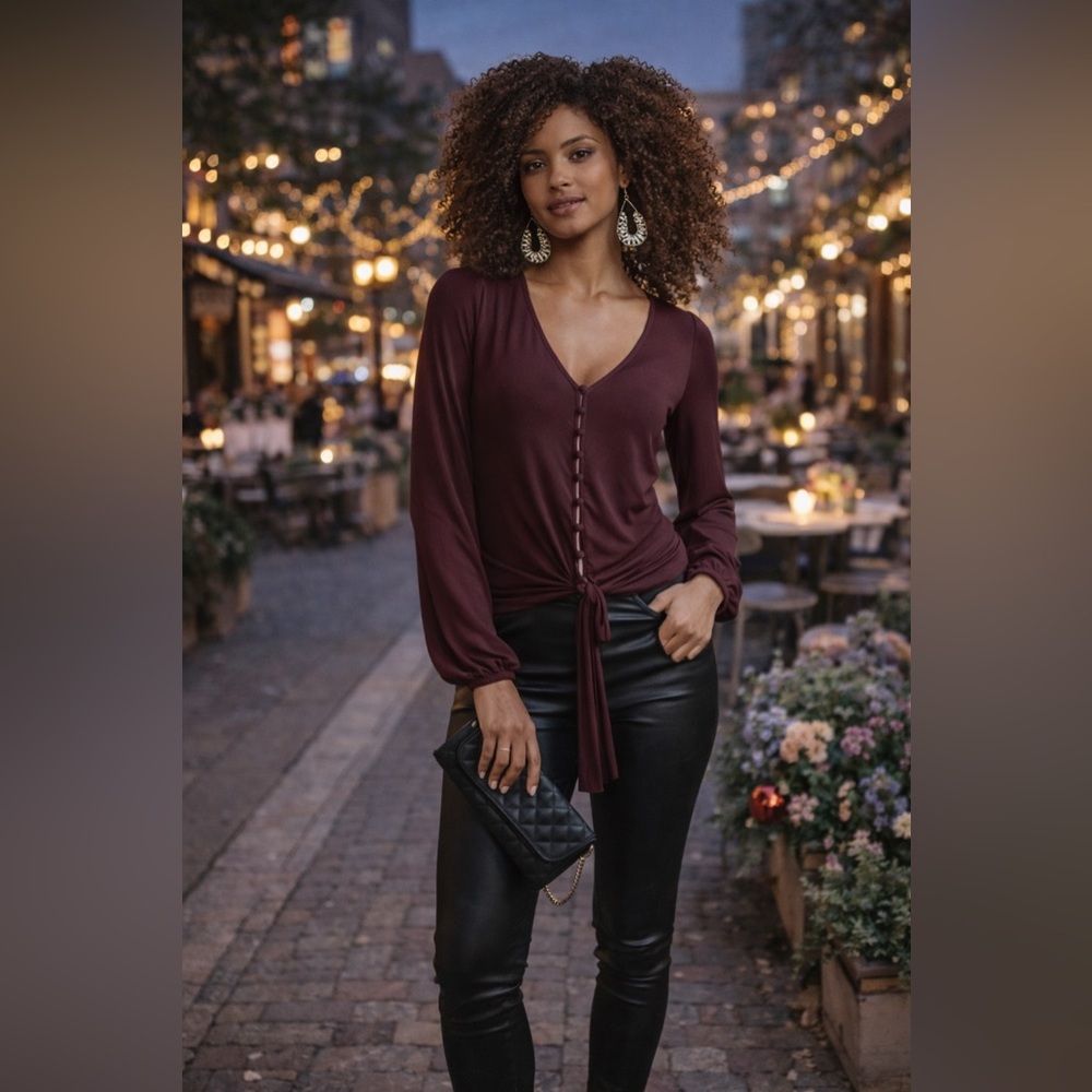 Venus burgundy Tie-Front Button-Up Boho Top 🖤
